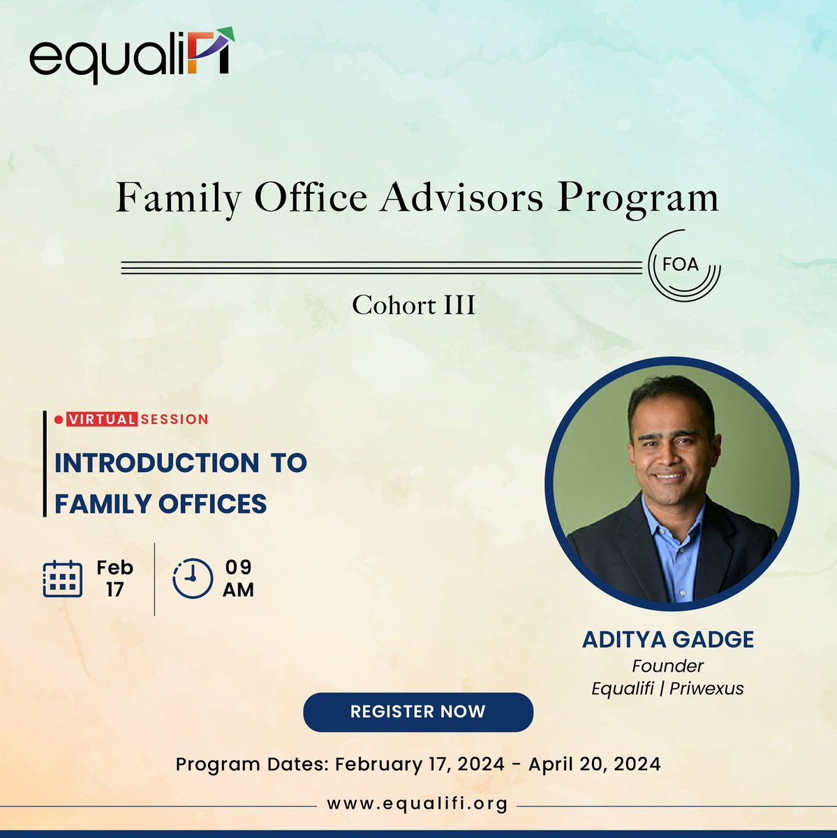 Equalifi (@equalifi) on Twitter photo 📢 Meet Our FOA Cohort III Faculty: Mr. Aditya Gadge
Aditya will be joining us as a faculty for our inaugural session " Introduction to Family Offices".
FOA Cohort III details here-equalifi.org/executiveeduca…
<a href="/adityagadge/">Aditya Gadge</a> #familyoffice 📢 Meet Our FOA Cohort III Faculty: Mr. Aditya Gadge
Aditya will be joining us as a faculty for our inaugural session " Introduction to Family Offices".
FOA Cohort III details here-equalifi.org/executiveeduca…
<a href="/adityagadge/">Aditya Gadge</a> #familyoffice