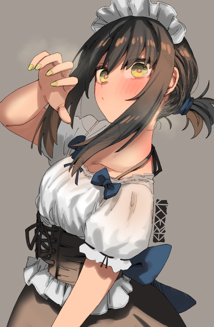 fubuki (kancolle) 1girl solo short ponytail green eyes grey background maid headdress simple background  illustration images