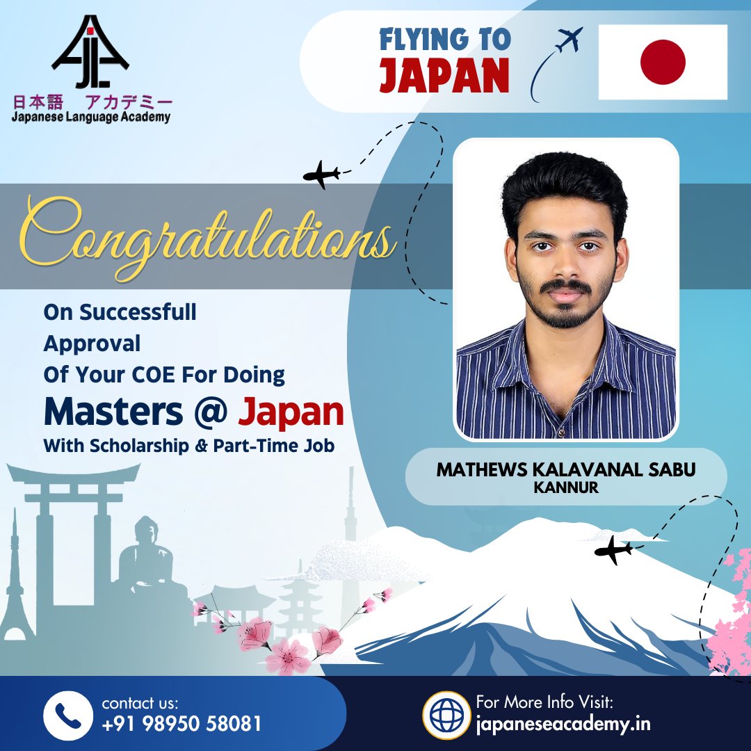 subinvazhayil's tweet photo. Congratulations....! Mr. Mathews Kalavanal Sabu
We are extremely delighted to announce the Successful Approval of your COE for Doing Masters @ Japan with scholarship & Part-Time Job
#mastersatjapan #pgatjapan #scholarshipinjapan #studyinjapan #MastersinIT #workandstudyjapan https://t.co/9dWmSNE55m