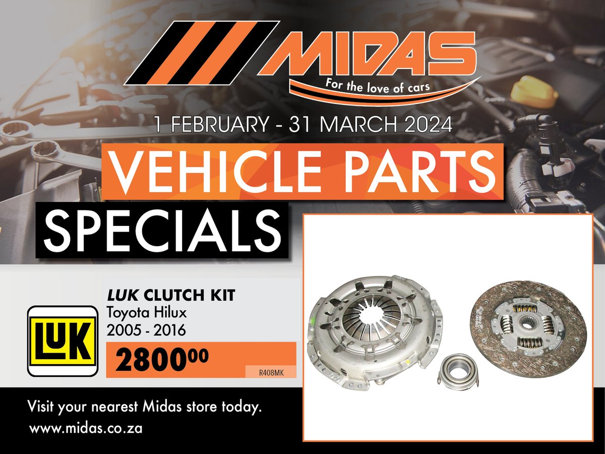 RandburgMidas's tweet photo. Toyota Hilux LUK Clutch Kit, available in-store!
Prices are valid from 1 February to 31 March 2024.

‼️ All products and prices only apply to Randburg Midas at 📌 191 Bram Fischer Drive, Randburg 🔗 https://t.co/RCgLF9MCUB

#ForTheLoveOfCars #randburg #CustomerService https://t.co/jzpLhYbQmz