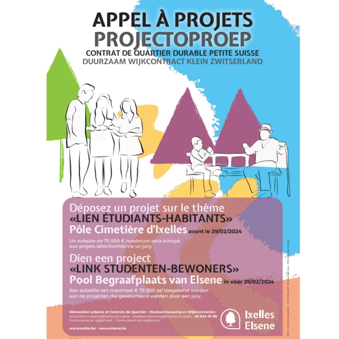 L'appel à projets "Pôle Cimetière d'Ixelles" se clôture le jeudi 29 février! L'objectif de cet appel est d'améliorer le lien et la cohabitation entre les étudiant·e·s et les habitant·e·s autour du quartier du Cimetière d'Ixelles.

Infos:
ixelles.be/site/915-Contr…