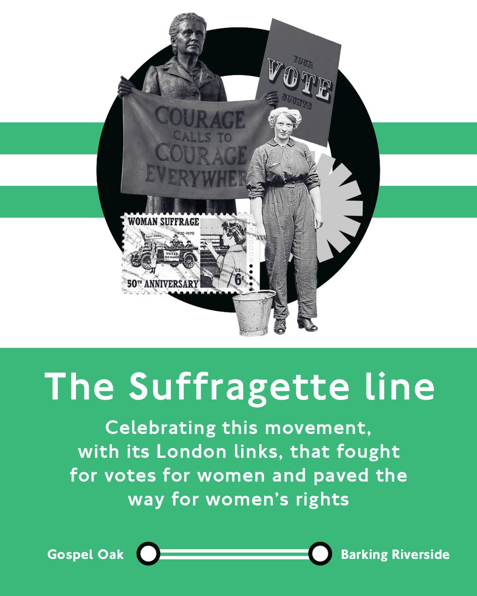 MayorofLondon's tweet image. The Suffragette line
📍 Gospel Oak to Barking Riverside
Map colour: Green parallel lines

The Suffragette line celebrates the working-class movement born in the East End that fought for votes for women. Barking was home to Annie Huggett, the longest surviving Suffragette.
