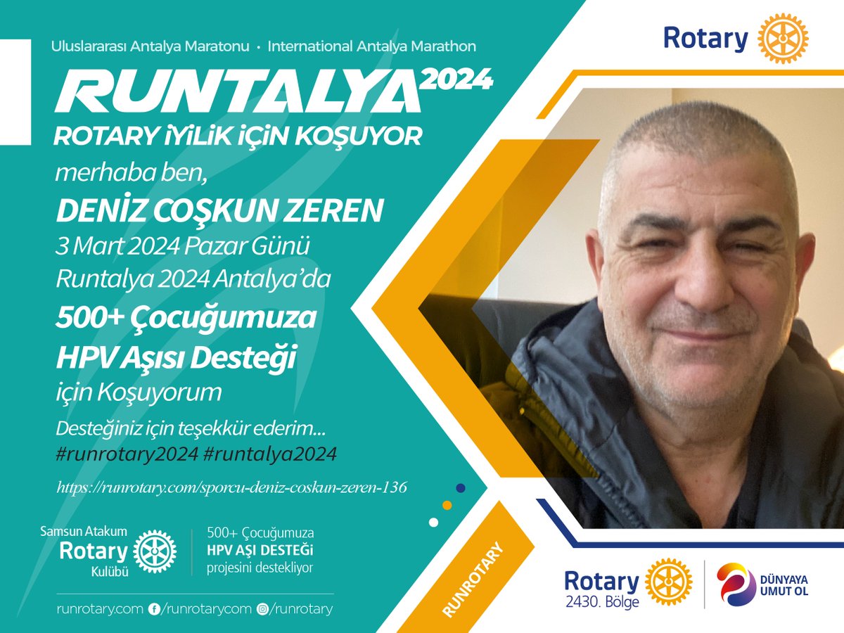 Runrotarycom's tweet photo. merhaba, ben DENİZ COŞKUN ZEREN,
ben de #runrotary projesinde 500+ Çocuğumuza HPV AŞISI DESTEĞİ için koşuyorum. Destekleriniz için teşekkür ederim.

Bağışlarınız için: https://t.co/vX6sXhknEJ

#runrotary2024 https://t.co/Tq8B9NlYeH