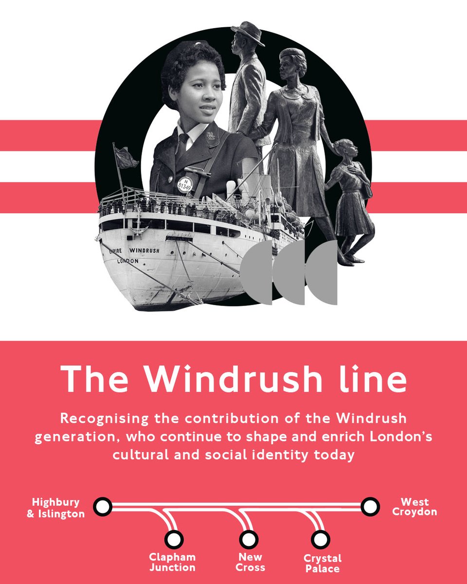 The Windrush line 📍 Highbury & Islington to Clapham Junction/New Cross/Crystal Palace/West Croydon Map colour: Red The Windrush generation continues to shape our city today. This line honours them and runs through areas with strong ties to Caribbean communities.