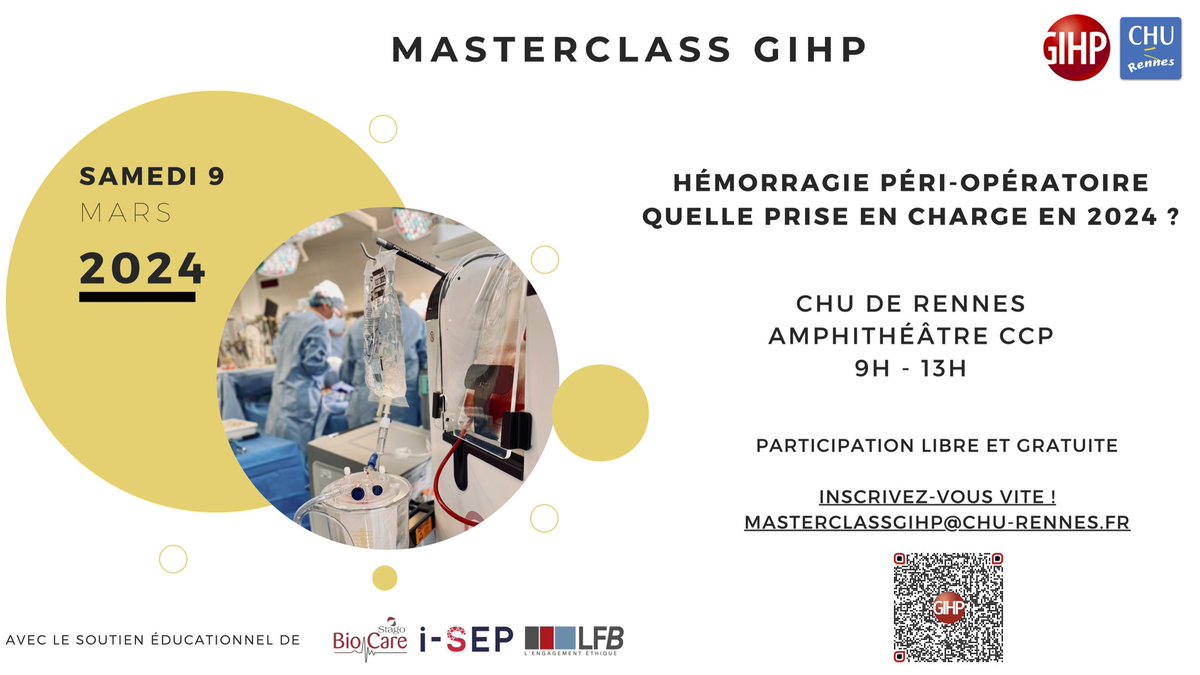 Pour rappel: la MasterClass du GIHP c’est bientôt! Discussion autour de l’hémorragie péri-opératoire, sessions de questions et d’échanges, nouveautés et recommandations. C’est le 9/3 à Rennes !@RARRE35 @ajar_rennes @SFARJeunes @arcothova @SFTHemostase @Groupe_LFB @Stago_Official