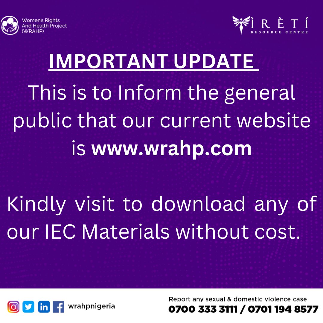 wrahpnigeria's tweet image. Important Update,update🥳🎉

Visit wrahp.com to download WRAHP&apos;s IEC Materials.

#UpdateNews #updatechallenge #Update #wrahpnigeria