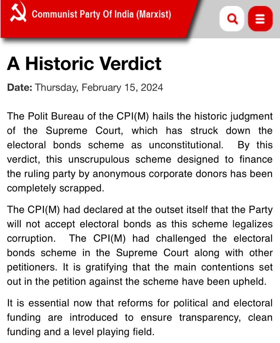 Welcome this unanimous judgment of the SC bench scrapping the electoral bonds that legalise political corruption.
The details of those who bought these bonds and those who received them to be made public by March should expose murky deal makings of the ruling party.