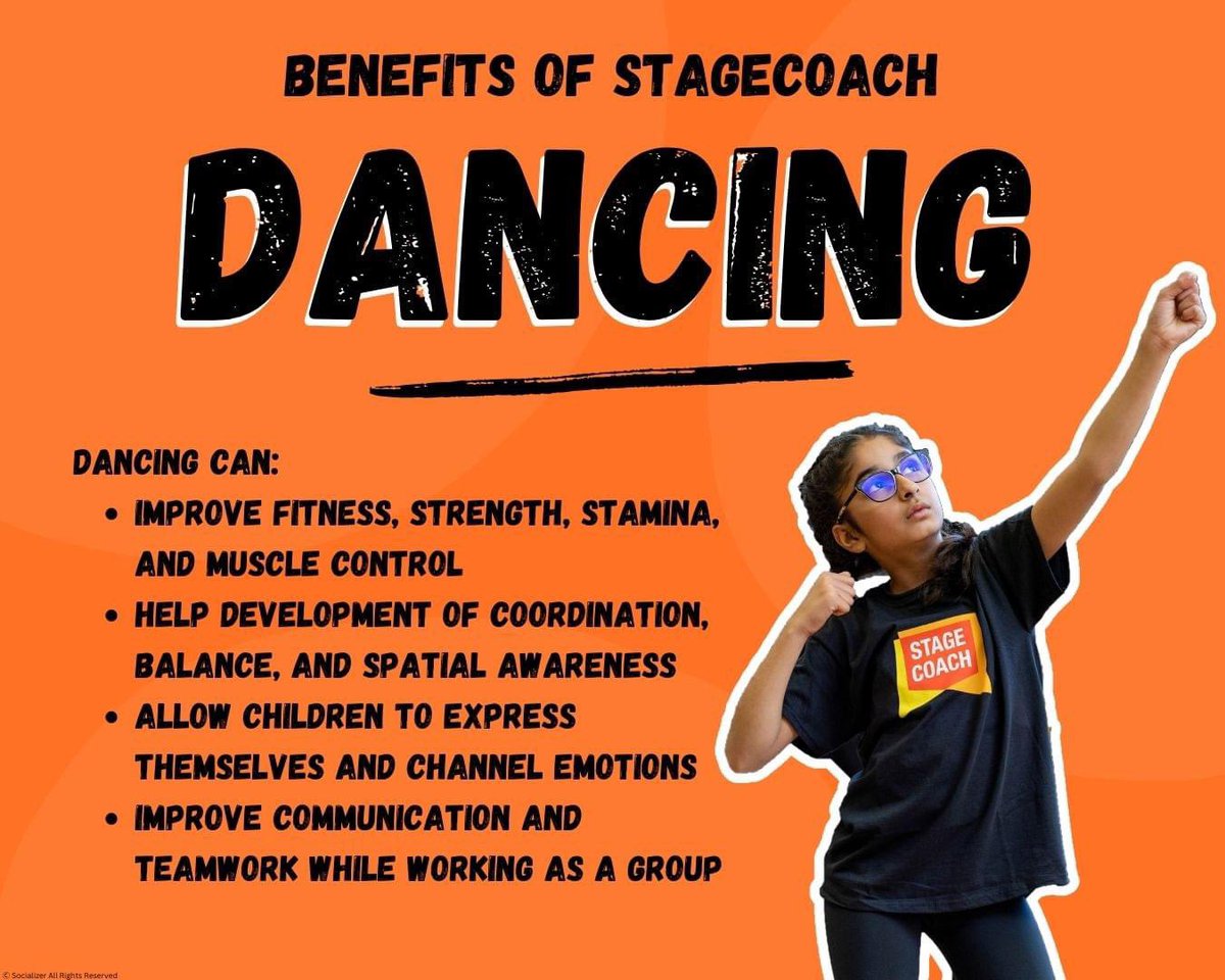 💃 Dancing is a great way to build confidence and improve fitness while having fun. Our fabulous dance classes give children the freedom to express themselves in a safe environment and channel their emotions through movement. Have a look below to see more benefits of dancing: