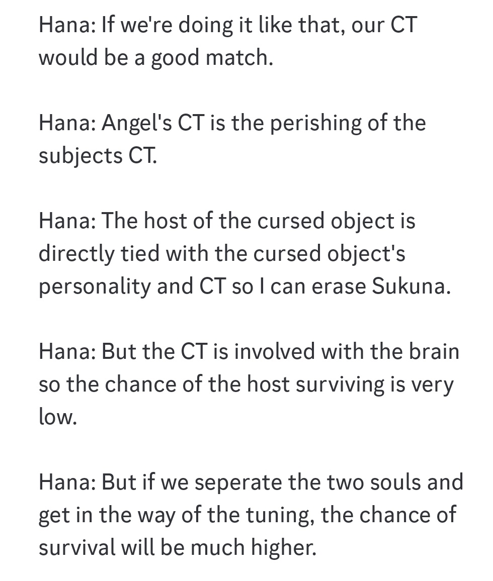 Go_Jover's tweet photo. Hana adds that Angel's CT is a good match for Yuji's plan. The plan is to separate Sukuna &amp; Megumi's soul &amp; dull Sukuna's tuning with Megumi's body &amp; hit him with Jacob ladder #JJKSpoilers #JJK251 https://t.co/qzKrtaX5zQ