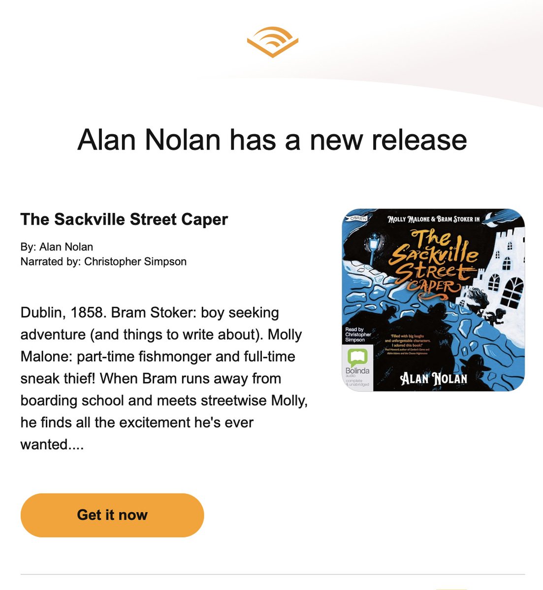 Just realised that ‘The Sackville Street Caper’ is NOW AVAILABLE as an audiobook! You can get it from your favourite audiobook apps and from @BorrowBox - just the ticket for the forgetful gift-giver on the day *after* Valentine’s Day. @Bolindaaudio @OBrienPress @cluskeydraws