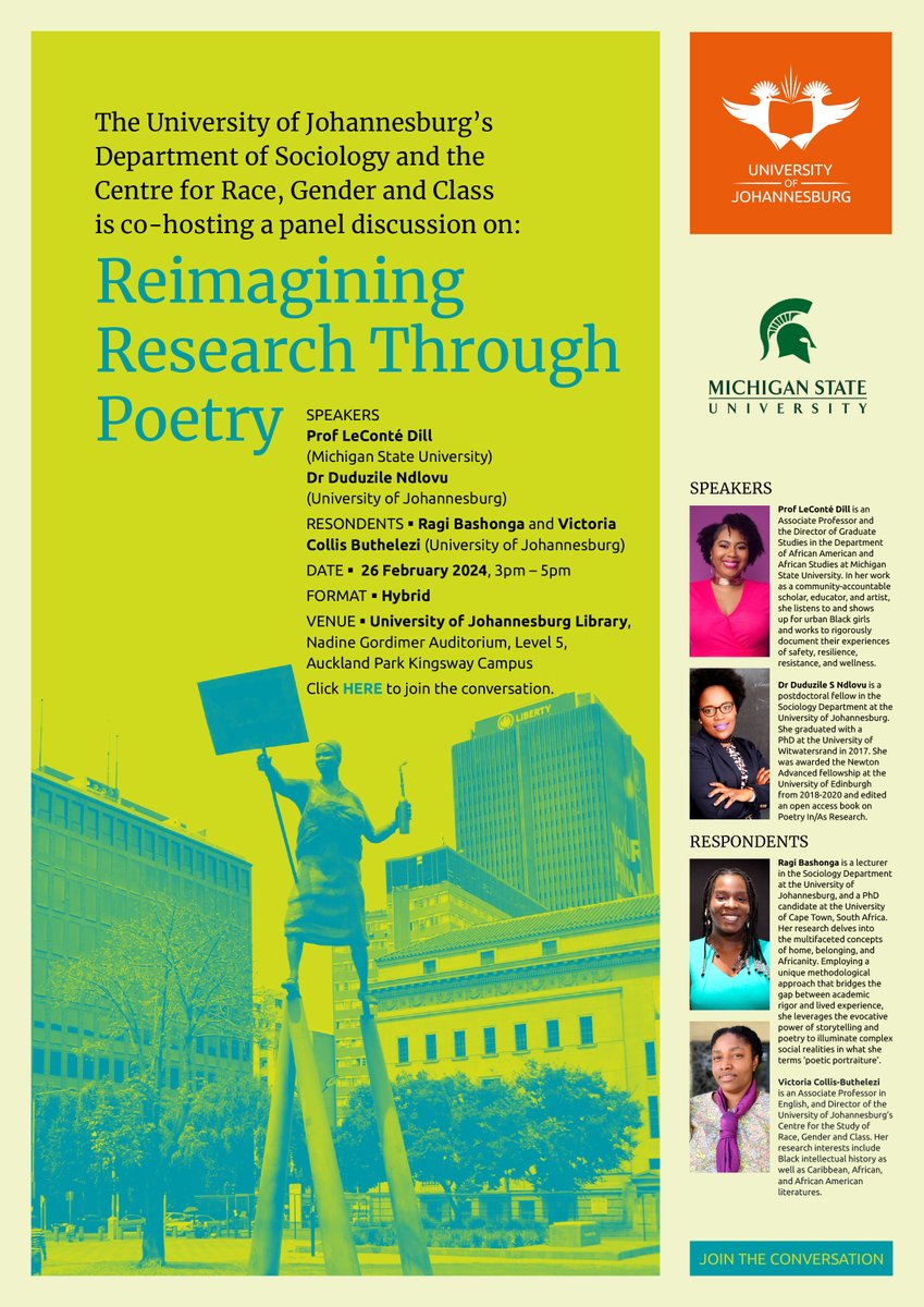 Its Happening! Join us for a conversation between <a href="/DocDill/">LeConte Dill</a> and <a href="/mandlods/">Dr. Dudu Ndlovu</a> as they discuss 'The betwixt and between of being a scholar-artist' and 'Writing poetry and disrupting academic writing'. 
#research #poeticinquiry #academia