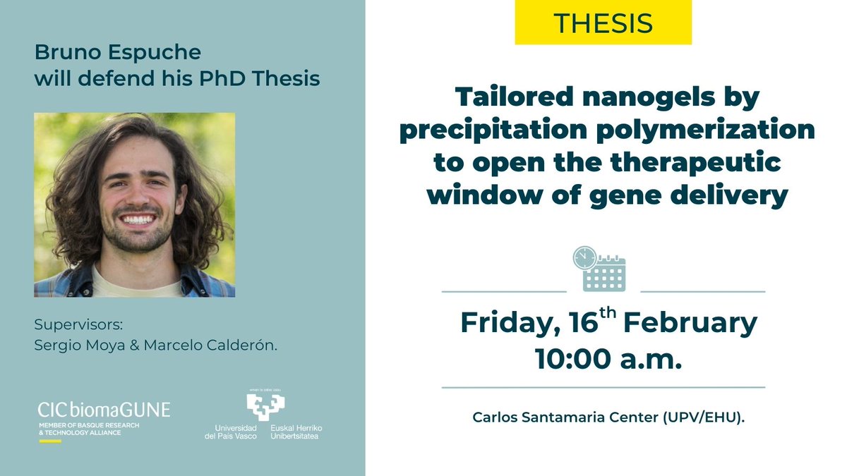 #CICbiomaGUNEthesis 🤩 On Friday at 10:00 a.m. at the Carlos Santamaria Center @upvehu, Bruno Espuche from Soft Matter Nanotechnology group, is set to defend his thesis. 😀 Best of luck, Bruno! @POLYMAT_BERC #thesis #thesiswriting #science #research #Biomaterials