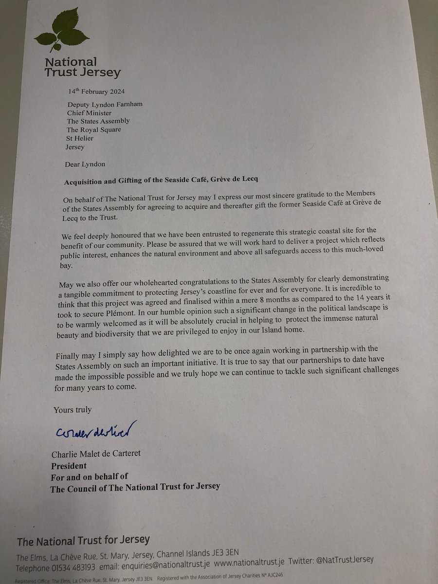 Thank you letter to Deputy Lyndon Farnham expressing the Trust's gratitude to the members of the States Assembly for agreeing to acquire and thereafter gift the former Seaside Cafe at Grève de Lecq to the Trust. #grevedelecq #accesstothecountryside #coastlinecampaign