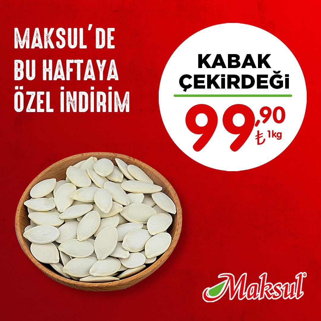 Bu hafta Maksul'de özel indirim fırsatını kaçırmayın!
🎉 Kabak çekirdeği şimdi sadece 99,90 TL/kg! 💰 
Sağlık ve lezzeti bir arada sunan bu mükemmel atıştırmalığı stoklar tükenmeden kapın! 🌱 

#Maksul #İndirim #KabakÇekirdeği #SağlıklıAtıştırmalık 🍽️