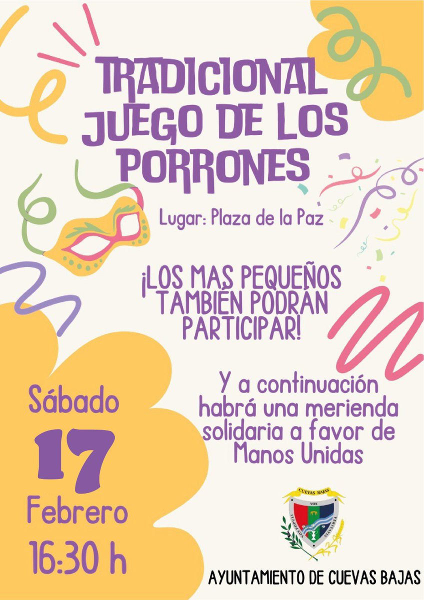 👏🏻 Este sábado 17 de febrero, te esperamos en la Plaza de la Paz de Cuevas Bajas para participar en el tradicional JUEGO DE LOS PORRONES, previo al Carnaval.

#CuevasBajas #sierranortedemálaga #Carnaval #JuegodelosPorrones #Porrones #LaVillaMorá #ViveCuevasBajas #fiestas