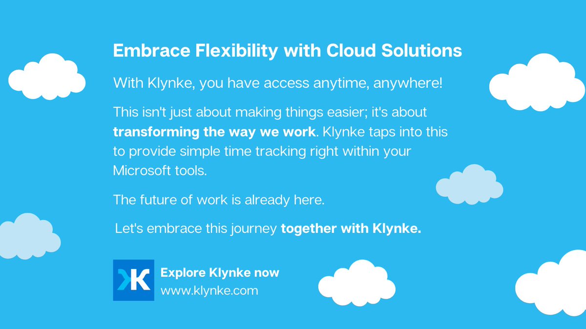 ☁️Flexibility at your fingertips☁️

In a world where work &amp; life blend, staying connected &amp; productive wherever you are is key🌍 With Klynke, dive into seamless access to your work - anytime, anywhere. 

Let's redefine #productivity together🚀klynke.com

#Cloud #SaaS