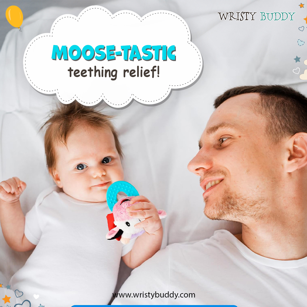 Moose on the loose! Watch your baby's teething adventure become a woodland wonder with our moose teether. Safe, natural, and cute!
#wristybuddy #natural #safe #teether #teethingrelief #babyteether #babytoy #newparents #newmoms #mooseteether #cuteteether