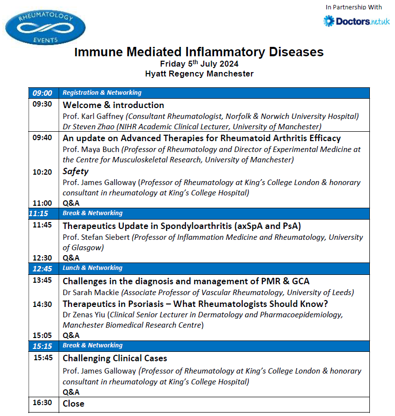 🎺Check out the superb programme and stellar speakers. Bringing you the latest on #rheumatoidarthritis #spondyloarthritis #PMR #GCA and #psoriasis.

Places are being booked fast - Don't miss out! @rheumevents @SpAacademy1 @Karlgaffney1 

rheumatologyevents.org/event/imid_man…