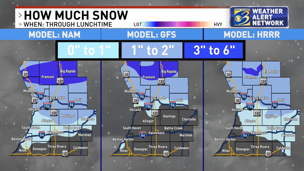JeffPorterWX's tweet photo. ✔️ Radar update
✔️ Your Snowfall forecast: 

#Kalamazoo: nada
Along I-96: 1" to 2" 
#Oceana, #Newaygo, #Mecosta: 3" to 6"

#wwmt #miwx #WestMichigan https://t.co/Td9N2dKryp https://t.co/sTiHlOklHz