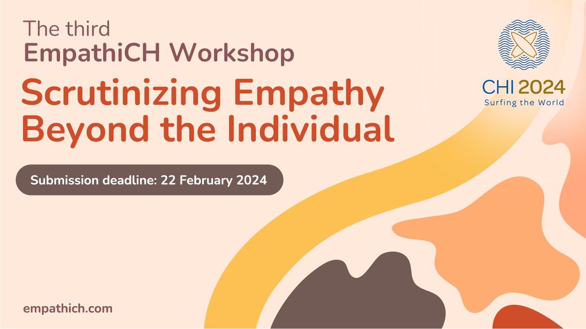 Andrea Mauri (@janez87) on Twitter photo 📢 Last week before the submission deadline: 22 Feb. Join us at the 3rd Workshop on Empathy-Centric Design at #CHI2024 ! (<a href="/acm_chi/">ACM CHI Conference</a> ).
Accepted papers in the #EmpathiCH workshop will be published in ACM ICPS!
empathich.com
I can't @ all the great organizers :( 📢 Last week before the submission deadline: 22 Feb. Join us at the 3rd Workshop on Empathy-Centric Design at #CHI2024 ! (<a href="/acm_chi/">ACM CHI Conference</a> ).
Accepted papers in the #EmpathiCH workshop will be published in ACM ICPS!
empathich.com
I can't @ all the great organizers :(