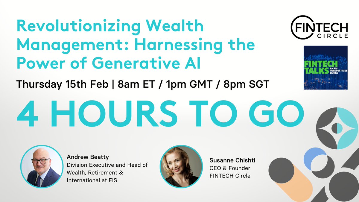FINTECH Circle (@fintechcircle) on Twitter photo 📢 Just 4 hours left until our groundbreaking webinar begins!
It's not too late to register & secure your spot! Join @andrewgbeatty & <a href="/SusanneChishti/">Susanne Chishti</a> TODAY. Get ready to dive in world of Wealth Management with Generative AI.
Join Now 👉🏼bigmarker.com/fintech-circle…
#Finpact #GenAI 📢 Just 4 hours left until our groundbreaking webinar begins!
It's not too late to register & secure your spot! Join @andrewgbeatty & <a href="/SusanneChishti/">Susanne Chishti</a> TODAY. Get ready to dive in world of Wealth Management with Generative AI.
Join Now 👉🏼bigmarker.com/fintech-circle…
#Finpact #GenAI
