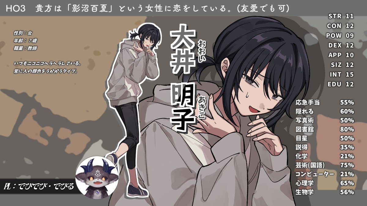 【キャラクター紹介】  本日2月15日(木)19時から配信が行われる『沼男は誰だ?』にて登場する探索者のキャラクター紹介になります。  🔻待機所 https://tube.mint.lgbt/live/rBvAC2EAJqI #でびぺこらぼンゴ沼男