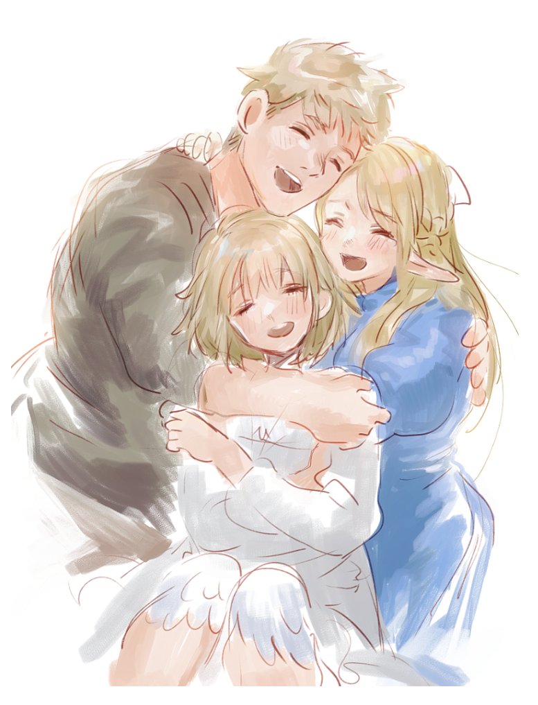 falin thorden ,laios thorden ,marcille donato 2girls multiple girls elf 1boy blonde hair pointy ears closed eyes  illustration images