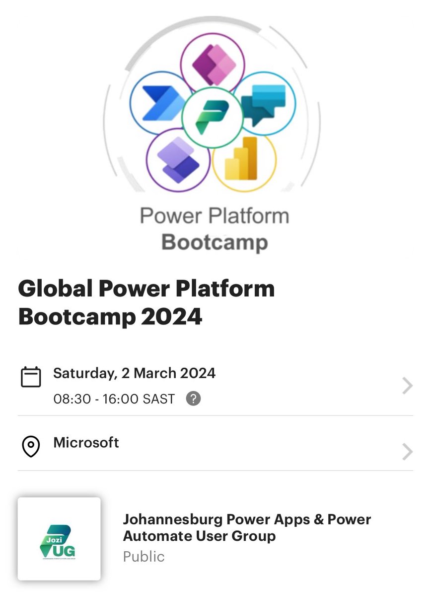 LeboMadise's tweet photo. Hey friends, the @jozi_pug will be hosting the Global #PowerPlatform conference on 2 March 2024 🚀 RSVP to attend, tickets are selling out fast  https://t.co/4NCglIQflo 🎟️ #LowCode https://t.co/K5YFeksEOE
