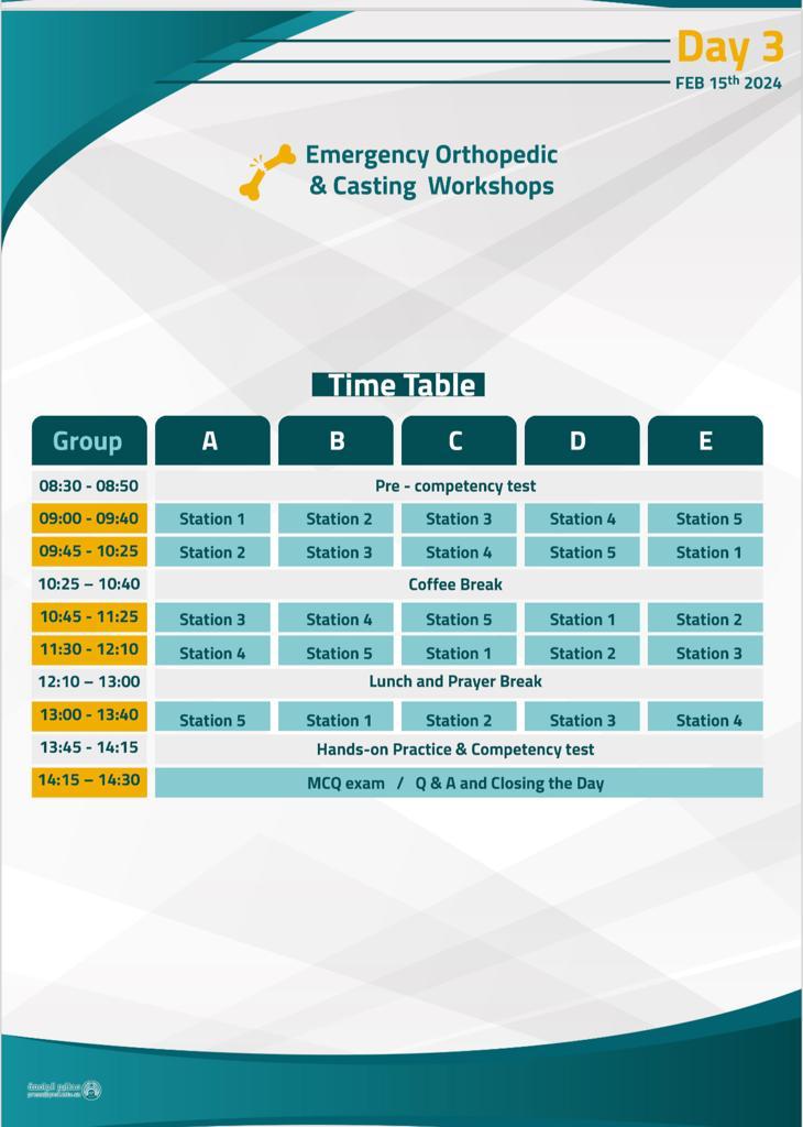 Day 3️⃣

Pediatric Orthopedic Emergency &amp; Casting workshops.

• Hand &amp; Wrist.

• Humerus, Elbow &amp; Clavicle.

• Foot, Ankle &amp; Knee.

• Emergency Cast Complications 🆕️.

🗓 Thuresday 15th Feb 2024

3️⃣ اليوم الثالث و الأخير 

ورش عمل متخصصة في الجبائر والكسور و كيفية التعامل مع