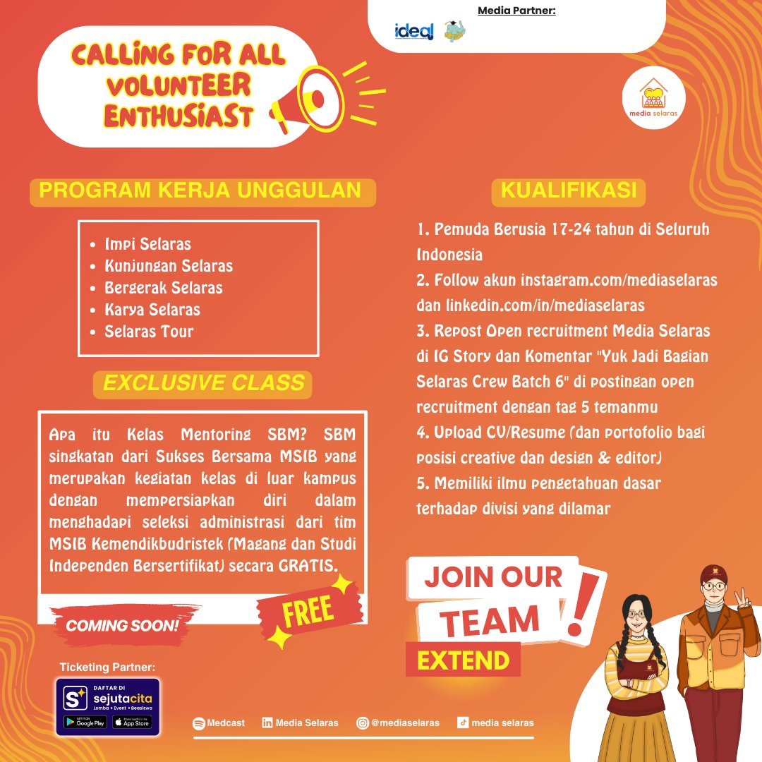 schfess's tweet image. VOLUNTEER MEDIA SELARAS BATCH 5

Hai Medianers!
It’s time to grow up!

Yuk, gabung menjadi Selaras Crew Batch 5! Jangan sampai ketinggalan ya🤩

Pendaftaran
bit.ly/OprecSelarasCr…

Guidebook
bit.ly/GuideBookMedse…

#OpenRecruitment
#Volunteer