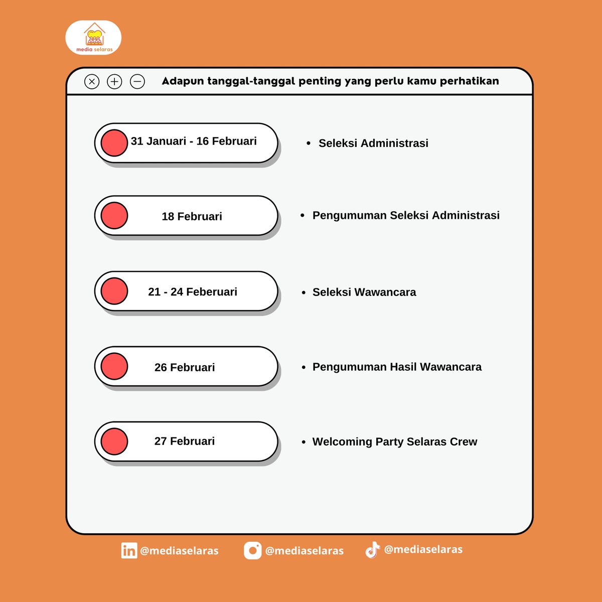 schfess's tweet image. VOLUNTEER MEDIA SELARAS BATCH 5

Hai Medianers!
It’s time to grow up!

Yuk, gabung menjadi Selaras Crew Batch 5! Jangan sampai ketinggalan ya🤩

Pendaftaran
bit.ly/OprecSelarasCr…

Guidebook
bit.ly/GuideBookMedse…

#OpenRecruitment
#Volunteer
