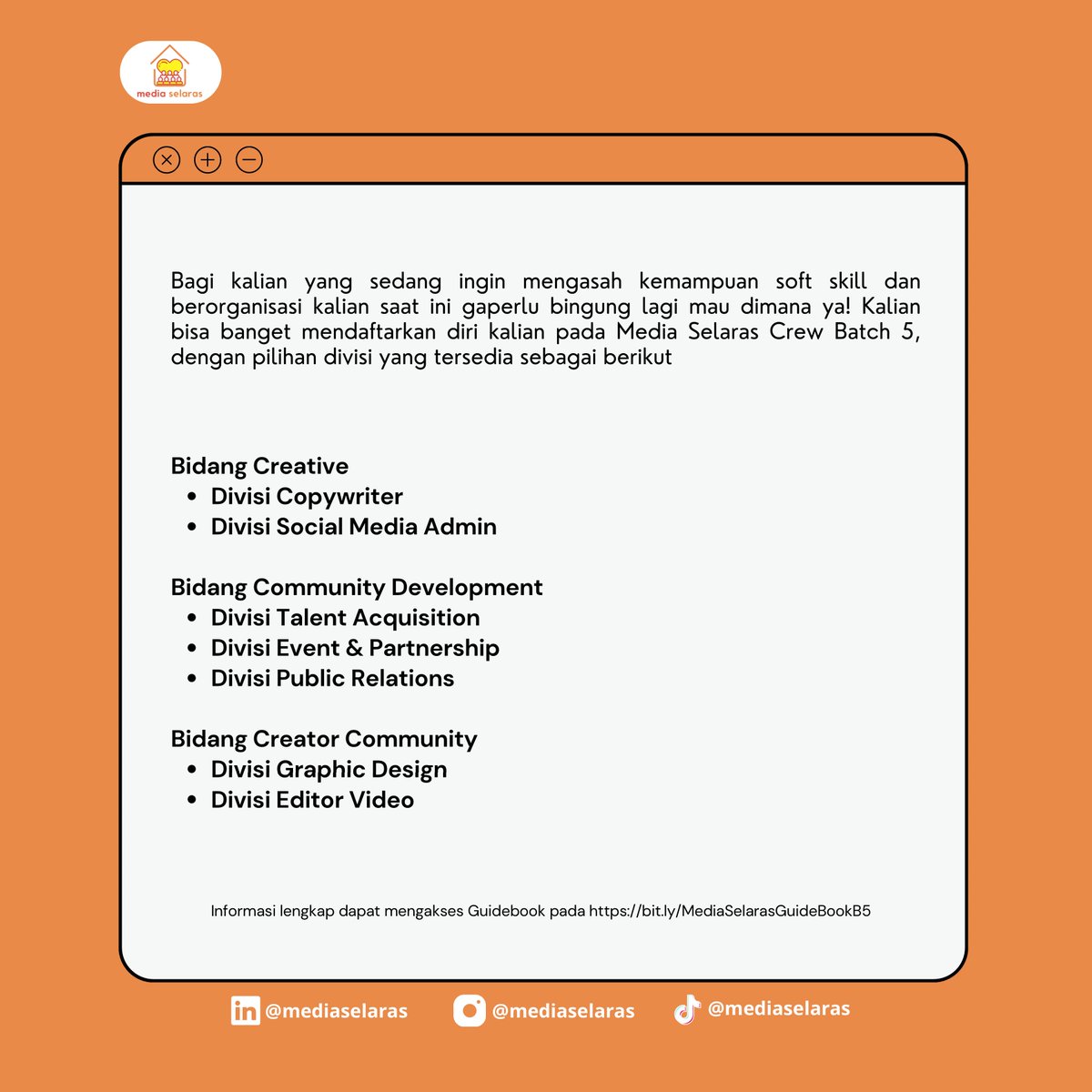 schfess's tweet image. VOLUNTEER MEDIA SELARAS BATCH 5

Hai Medianers!
It’s time to grow up!

Yuk, gabung menjadi Selaras Crew Batch 5! Jangan sampai ketinggalan ya🤩

Pendaftaran
bit.ly/OprecSelarasCr…

Guidebook
bit.ly/GuideBookMedse…

#OpenRecruitment
#Volunteer