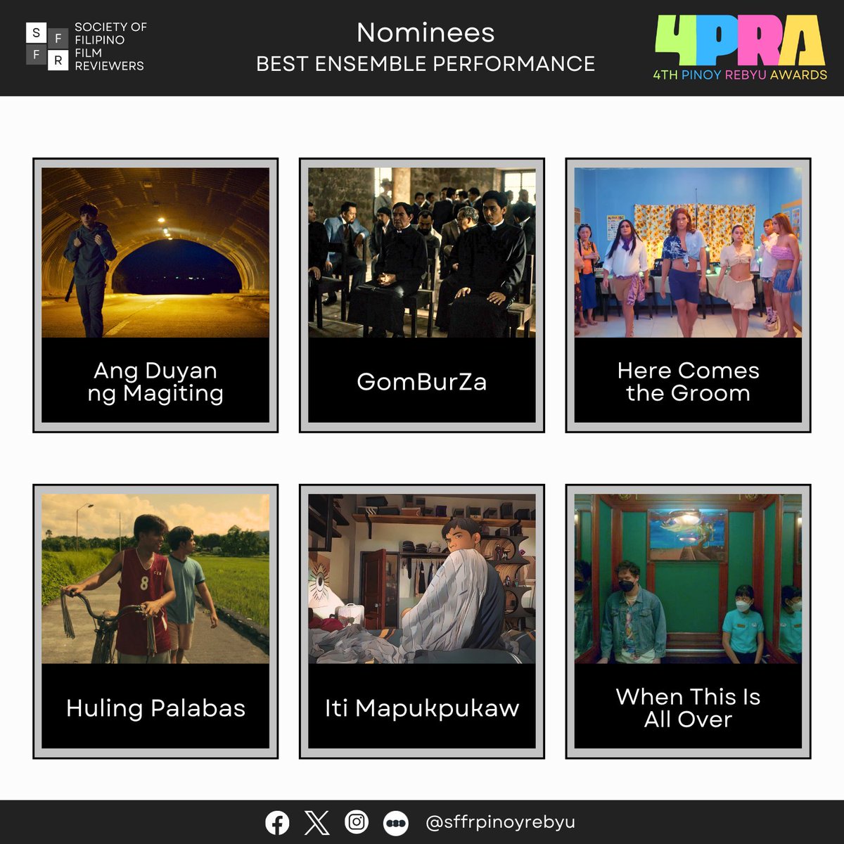 The nominees for Best Ensemble Performance are

Ang Duyan ng Magiting
GomBurZa
Here Comes the Groom
Huling Palabas
Iti Mapukpukaw
When This Is All Over

Winners of the 4th #PinoyRebyuAwards will be announced on March 1, 2024. Follow us <a href="/sffrPinoyRebyu/">Society of Filipino Film Reviewers (SFFR)</a>.