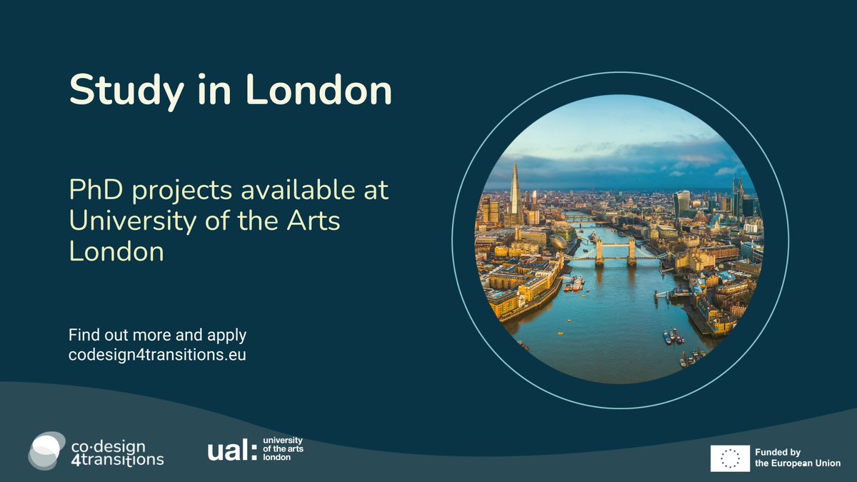 Study in #London! Two #PhDJobs available at @UAL, a highly reputed specialist university formed of 6 historic #art & #design colleges.
👉 codesign4transitions.eu/position/DC11/
👉 codesign4transitions.eu/position/DC12/
#CoDesign4Transitions @MSCActions #HorizonEurope #MSCA #DoctoralNetworks @UKRI_News #ukjobs