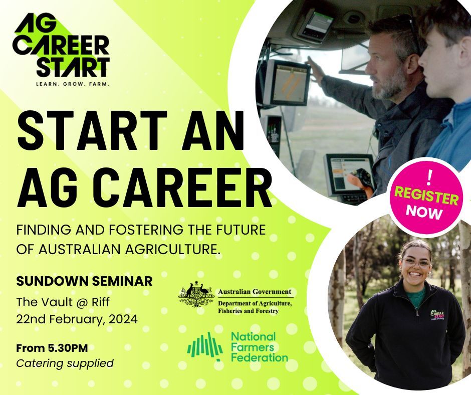 In Perth on the 22nd Feb? Don't have any plans? Why not come along to the AgCAREERSTART session at the Riff! Meet the team and have a chat about what AgCAREERSTART could do for you. 🧑‍🌾 Register here: buff.ly/3wpkCKP #EvokeAg #Perth #AgCAREERSTART #Gapyear #Ag