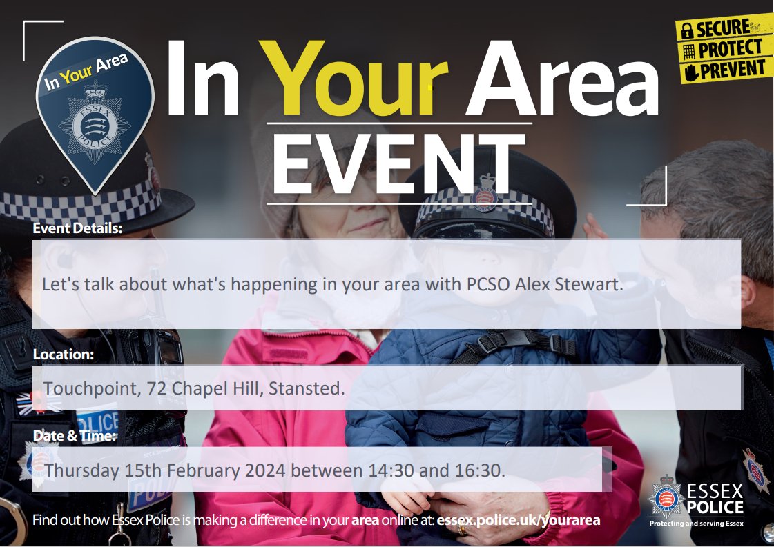 PCSO Stewart from your community policing team will be on hand to listen to your concerns at @touchpointstansted 72 Chapel Hill #Stansted between 14:30pm and 16:30pm today (Thursday 15th February 2024). #ProtectingAndServingEssex #CommunityPolicing