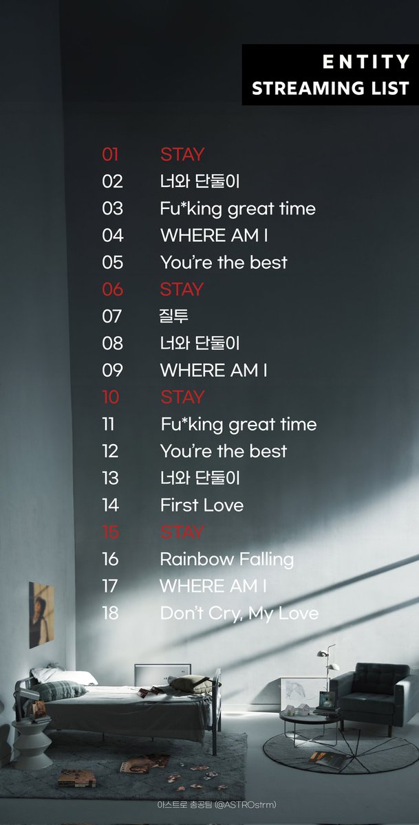 ASTROstrm's tweet photo. 🏠Stay 스밍리스트

스밍리스트 확인하시고 열스밍  해주세요!
원클릭은 잠시 후 타래에서 확인해주세요.

#ENTITY #STAY
#아스트로 #ASTRO 
#차은우 #CHAEUNWOO
@offclASTRO https://t.co/HbTgiBzhnF