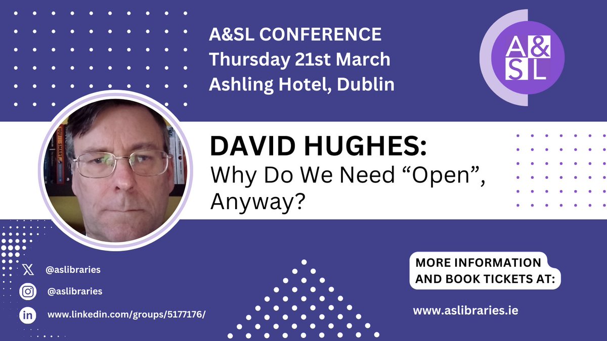 We're delighted to feature TWO excellent keynote speakers at #ASL2024. Join us on 21st March to hear @usernameerror discuss #openscholarship in librarianship, and how fairer access models can reduce challenges from trends such as AI. More info & tickets at aslibraries.ie/conference/