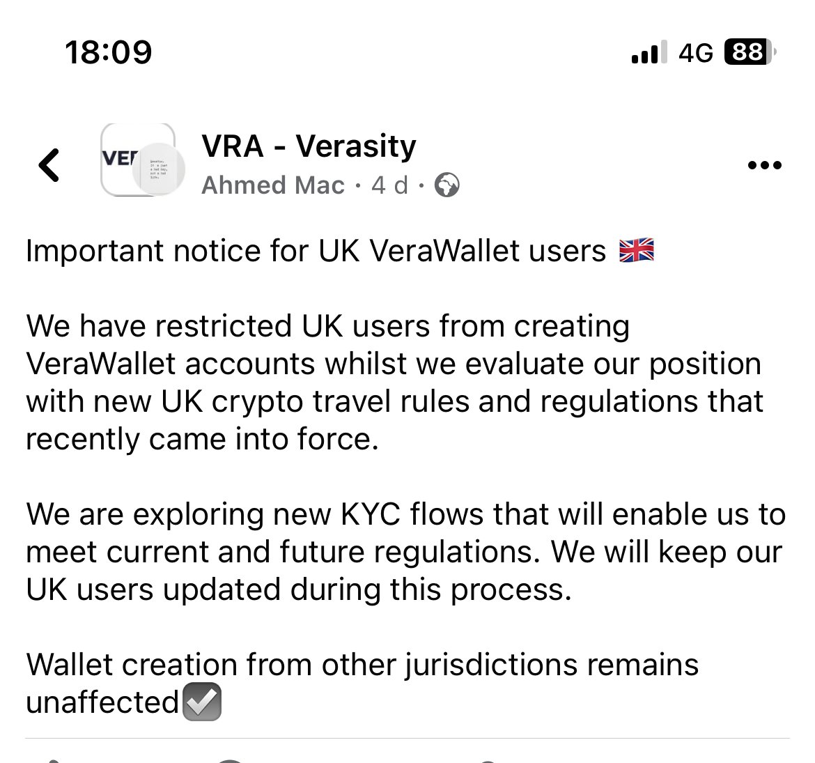 New wallet creation restricted in #UK for $VRA due to new #FCA travel regs for AML/KYC. 

#Telcoin have been so far ahead of the compliance curve this doesn't even register. 

The wild West is over. 

$TEL the 🌍

#AML #KYC #Crypto #Verasity #Fintech #DeFi #Bank #recession