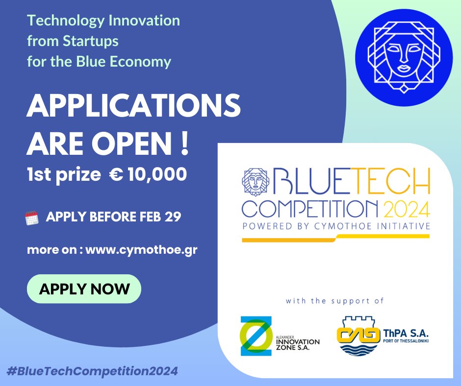 Amazing opportunity by @cymothoe_GR for start-ups to join an accelerator fostering technological breakthroughs in the #BlueEconomy! To enter the BlueTech Competition 2024 apply by February 29th.    👉bit.ly/3SZJrWG
#OceanInnovation #StartUpAccelerator #cymothoeinitiative