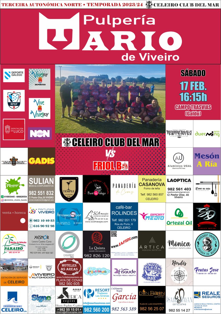 Este Sábado volve o futbol a Trasvias de Galdo
Celeiro Club del Mar vs Friol B
Partido importantísimo para os nosos para seguir tendo opcions de play off de ascenso asique o sabado as 16:15 xa sabedes ten que RUXIR TRASVIAS.
#queruxatrasvias 
#forzaceleiro💪 
#quevivaaretranca