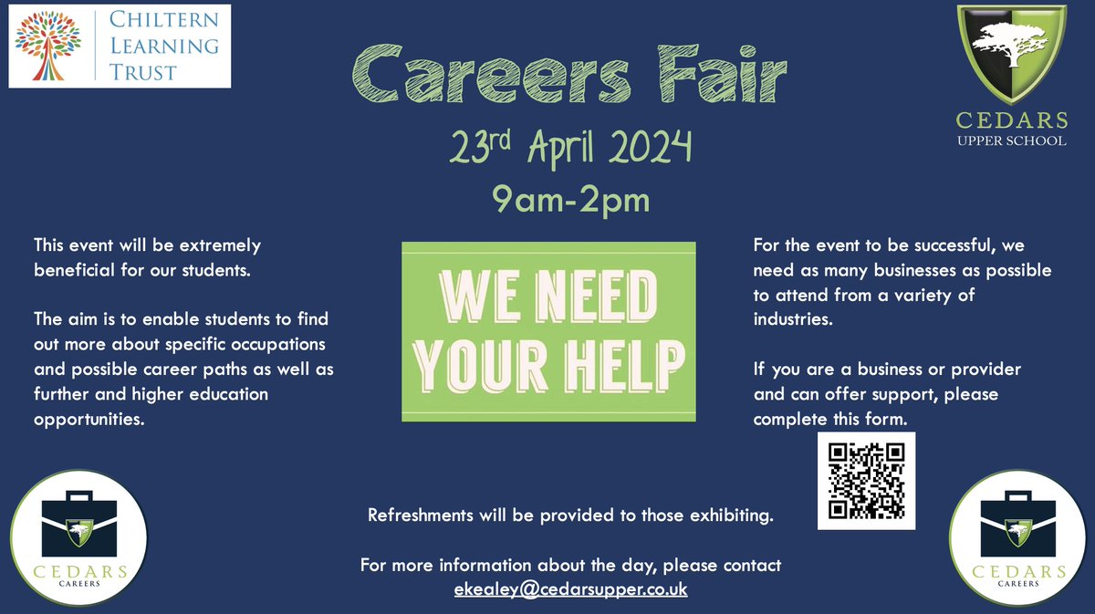 We are hosting a Careers Fair for our students on 23rd April and would love for as many companies to attend as possible. If you can be part of it please complete this form forms.gle/yQqpVqMTJMG7R1… or contact Ellie Kealey for more info. #support #inspire <a href="/ChilternLT/">Chiltern Learning Trust - Bedfordshire</a> @LoveLeightonB