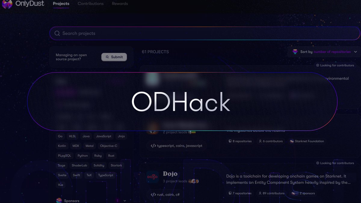OnlyDust_com's tweet photo. 🔥 INTRODUCING THE ODHACK WEEK! 🔥

Welcome to the very first edition of the ODHack where open issues are up for grabs and 100K grants ($, OP & STRK) will be distributed 🥳! 

👀We've all been there—looking through countless repos, searching for open issues that match our skill sets...

✨The goal is therefore to connect you with AMAZING projects who need your contributions NOW and in return, reward you for a job-well done!

🫡 So don't miss out, GO, GO, GO! YOU HAVE TILL 25TH OF FEB.

🫶 We are so thankful to start this edition with @gizatechxyz @ohayo_dojo @nethermind @argentHQ BlobStream @Starknet @0xFableGame  @AvailProject !! 

🙏 Big thank you to the project leads who helped get the ball rolling @tarrence @DrSpacemn @tjelailah @raphael_dkhn @norswap @robin_rrtx @abdelstark & @asparenb! 

All info here 👉https://t.co/HFHAxOjT5P

And P.S. there will be merch ... 😉