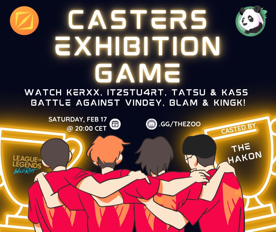 #WildRift Friends! Don’t miss the Wild Quest Tournament’s Exhibition Game as <a href="/imKerxx/">Kerxx</a> <a href="/iTzSTU4RT/">iTzSTU4RT</a> <a href="/KassemKdmany/">KassemZG11</a> <a href="/TatsuWr/">TatsuWR</a> battle against <a href="/ImVindey/">Vindey</a> @BLAMWR <a href="/KingK_WR/">KingK</a> &amp; they’ll be bringing friends! See you at The Zoo on Feb 17th @ 20:00 CET! Casted by <a href="/TheIHakon/">Dave</a>