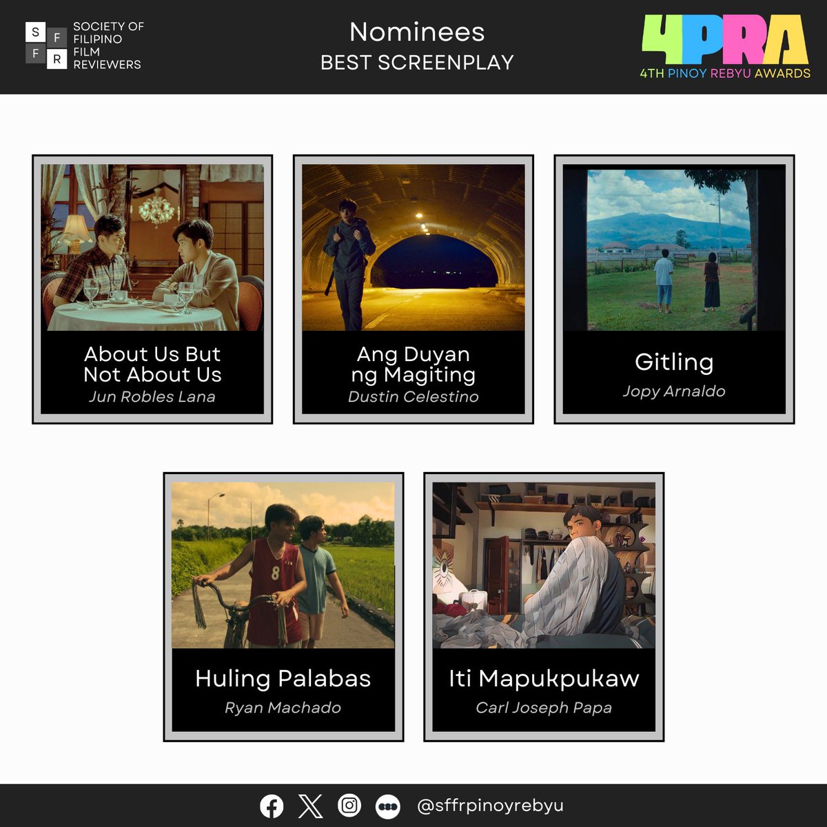 The nominees for Best Screenplay are

About Us But Not About Us
Ang Duyan ng Magiting
Gitling 
Huling Palabas
Iti Mapukpukaw 

Winners of the 4th #PinoyRebyuAwards will be announced on March 1, 2024. Follow us <a href="/sffrPinoyRebyu/">Society of Filipino Film Reviewers (SFFR)</a>.