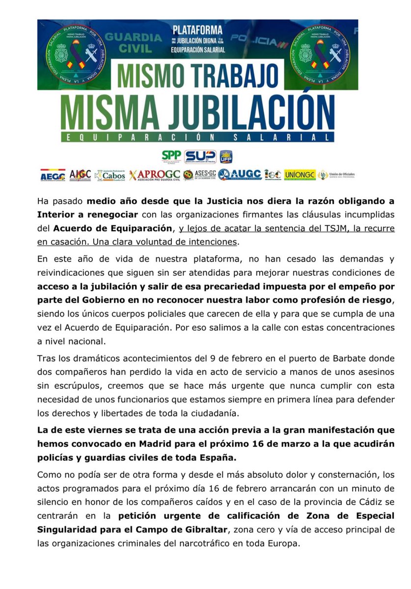 La plataforma #JubilaciónDigna #PlenaEquiparaciónSalarial por #MismoTrabajoMismaJubilación convocan a medios de comunicación el día 16 de febrero, a las 12:00 horas en las Delegaciones y Subdelegaciones del Gobierno de toda #España.