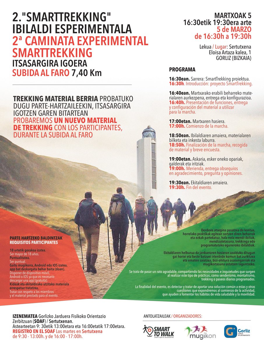 🚶‍♀️🚶‍♂️ Tras el éxito de la primera edición, hemos organizado una segunda caminata experimental SmartTrekking junto con Mugikon y Smart To Walk.  Realizaremos una subida de 7,4 kilómetros al faro. ¡Apúntate!

🗓 5 de marzo
⏰16:30-19:30