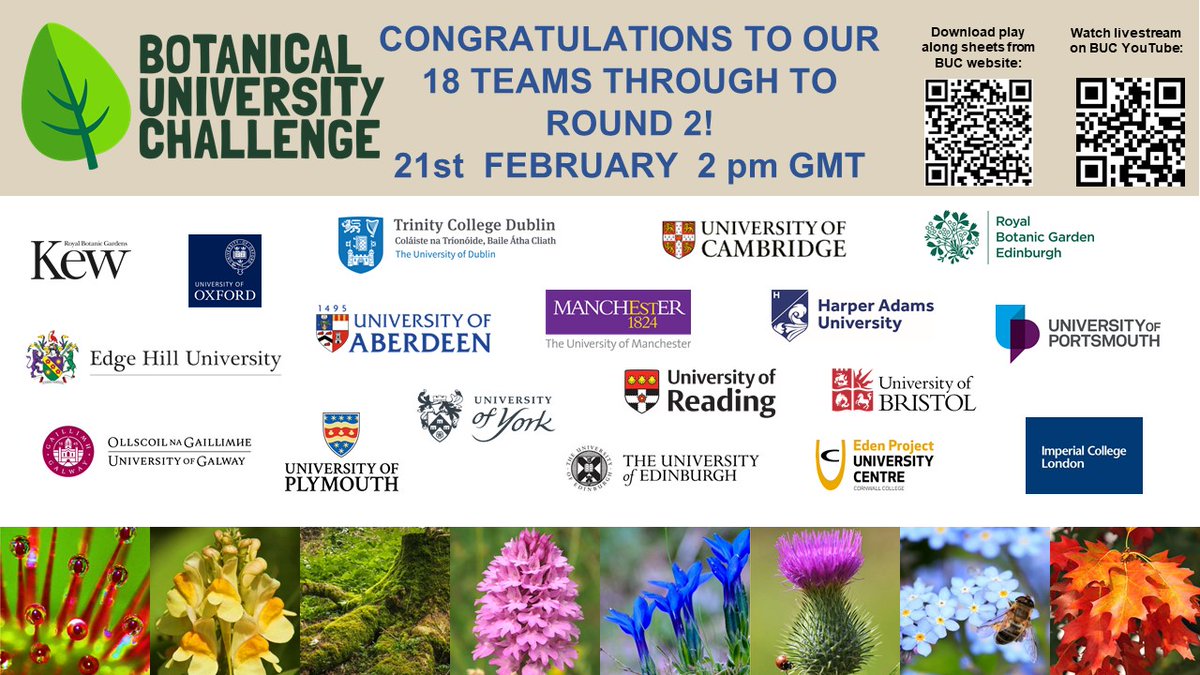 Fantastic @BUCBotany #BUC2024 first knockout round contest yesterday! We expected 16 of the initial 28 teams to advance but there were ties so our 18 top teams go through to next week, Congratulations!!! Watch round 2 on Weds 21st Feb 2pm here: tinyurl.com/BUCBotany