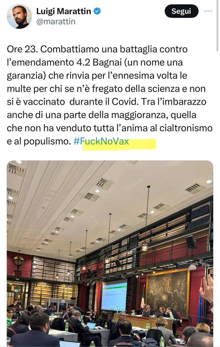 Egregio Onorevole (poco) <a href="/marattin/">Luigi Marattin</a> sono orgogliosa di far parte di quella che lei definisce la "feccia anonima nei social FuckNoVax". 
Ma chi come me ha scelto di non vaccinarsi, non lo ha fatto come dice lei, in maniera anonima. 
Al contrario, ha pagato pubblicamente le