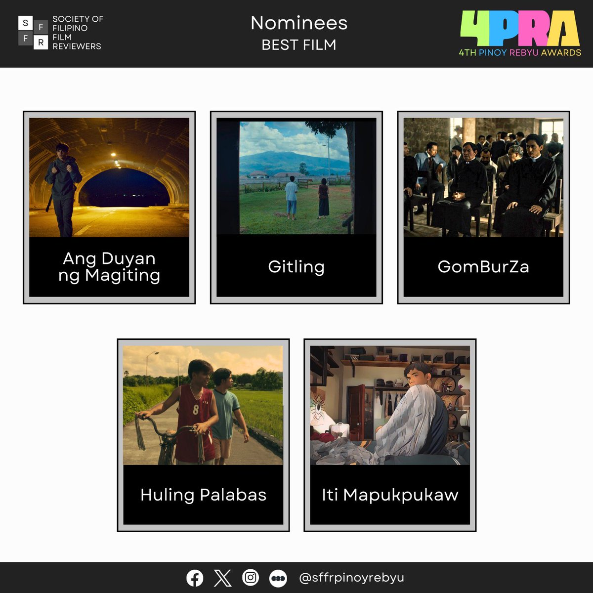 The nominees for Best Film are

Ang Duyan ng Magiting
Gitling
GomBurZa
Huling Palabas
Iti Mapukpukaw 

Winners of the 4th #PinoyRebyuAwards will be announced on March 1, 2024. Follow us <a href="/sffrPinoyRebyu/">Society of Filipino Film Reviewers (SFFR)</a>!